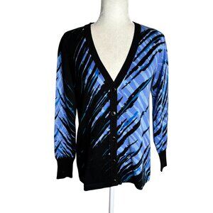 Bob Mackie Wearable Art V-Neck Cardigan Sweater XS Blue Black Cotton Abstract